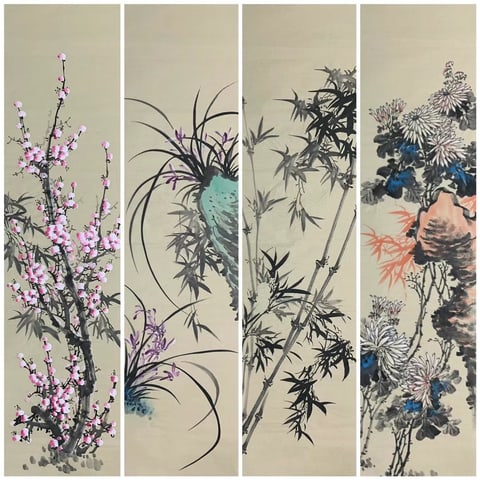 Seasonal Virtues: An Elegant Assemblage of the Four Gentlemen (Bi Yuanxin) Semi-Xieyi Style Flower Painting 48.4" x 13.4" x 4P