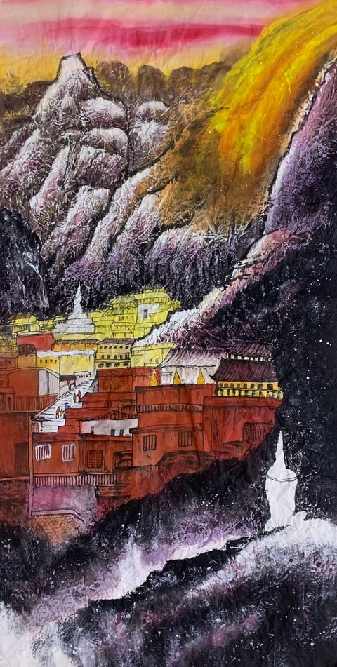 Golden Light Embraces the Sacred Mountain City (Wang Hongwei) Semi-Xieyi Style Shanshui Painting 54.3" x 26.8"