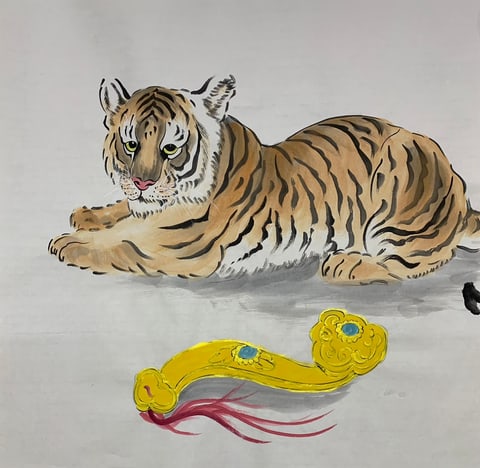 Golden Ruyi, Tiger's Serene Power (Wang Jianghe) Semi-Xieyi Style Animal Painting 26.8" x 26.8"