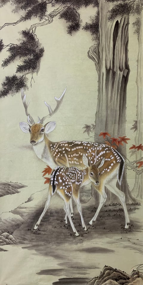 Autumnal Haven: A Mother's Gentle Guard (Hu Yixuan) Gongbi Style Animal Painting 54.3" x 26.8"