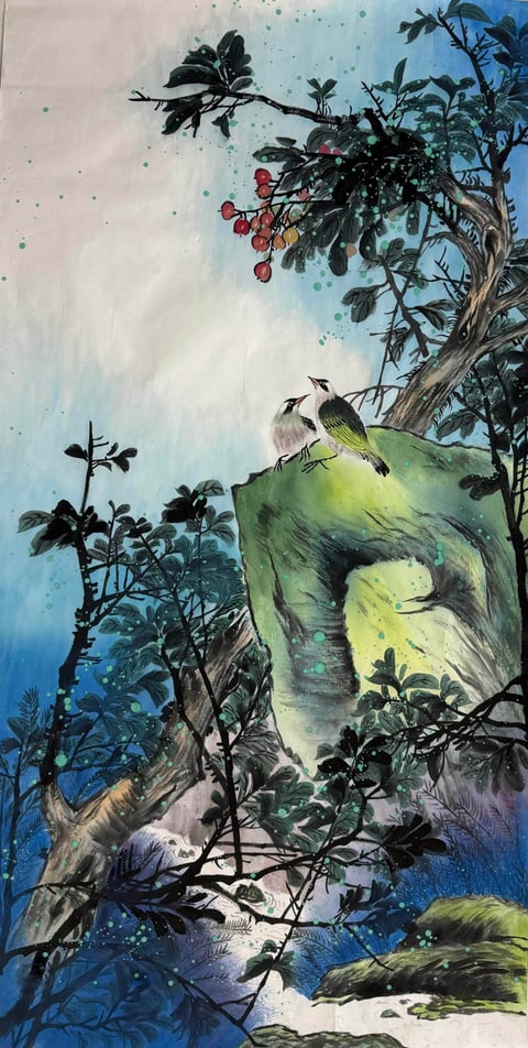 Vermilion Whispers on Jade Stone (Zheng Xuemei) Semi-Xieyi Style Flower-and-Bird Painting 54.3" x 26.8"(in)