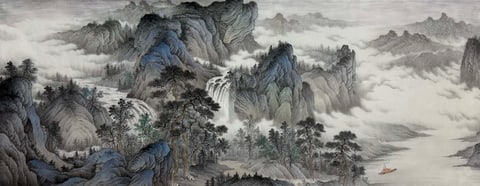 Echoes in Mist-Ribboned Valley (Zhou Zihan) Semi-Xieyi Style Shanshui Painting 70.9" x 27.6"(in)