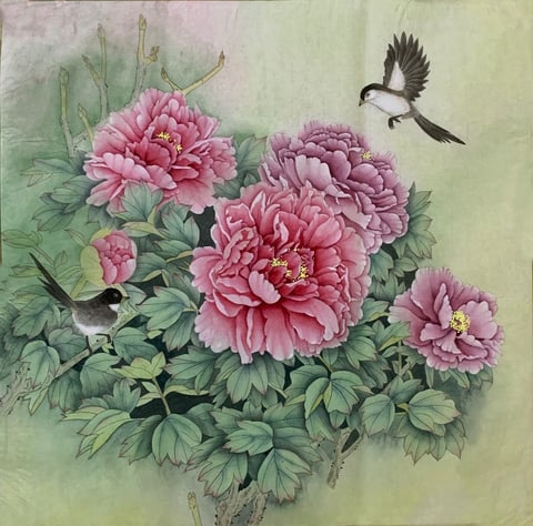 Opulent Blooms, Avian Whispers of Spring (Yu Jian) Gongbi Style Flower-and-Bird Painting 26.8" x 26.8"