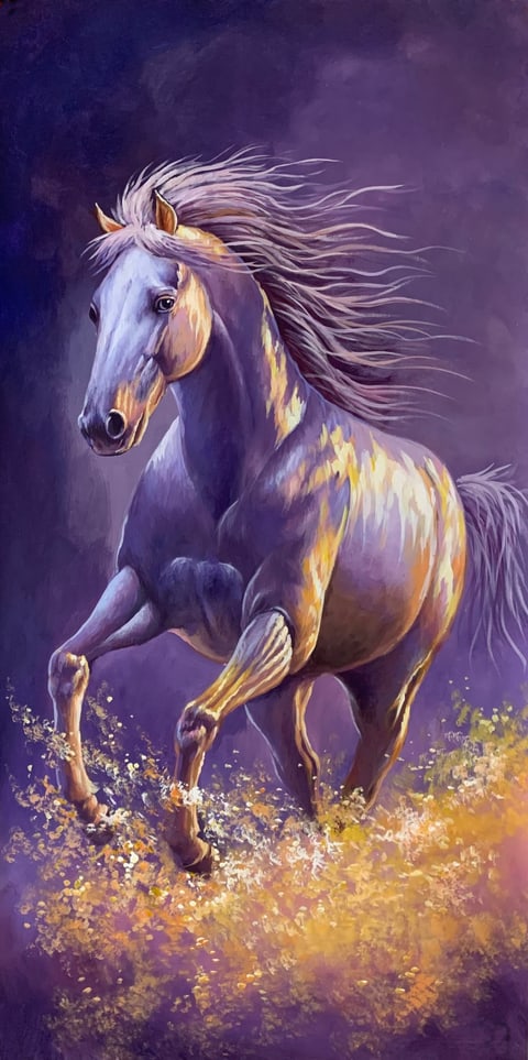The Purple Gold Gallop: A Divine Steed Chasing Light (Ye Guohua) Gongbi Style Animal Painting 54.3" x 26.8"