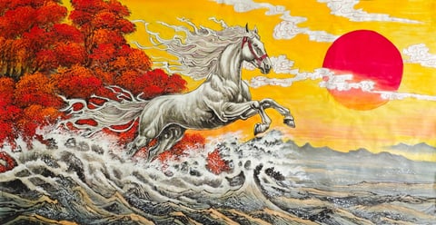 White Dragon Steed Galloping Through Crimson Waves (Zhao Shuai) Semi-Xieyi Style Animal Painting 54.3" x 26.8"