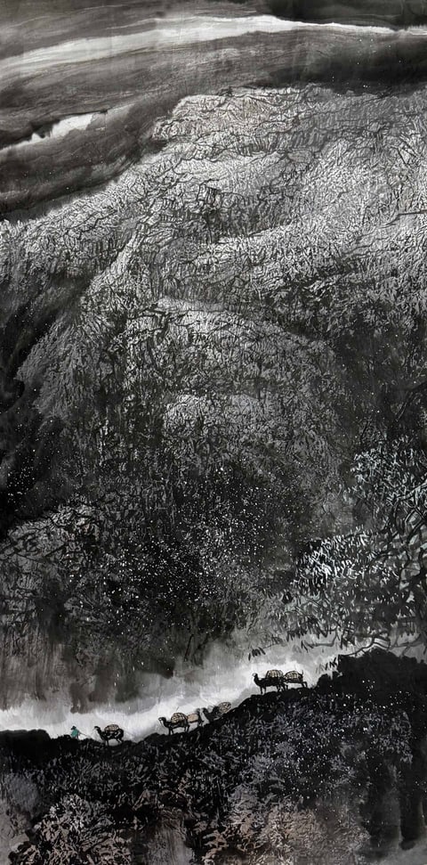 Silent Caravan on Frosted Peaks (Qin Yuanhang) Semi-Xieyi Style Shanshui Painting 54.3" x 26.8"(in)