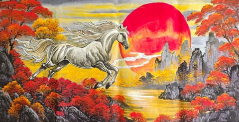 White Dragon Steed Ascending at Crimson Dawn (Zhao Shuai) Semi-Xieyi Style Animal Painting 54.3" x 26.8"