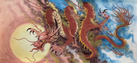 Auspicious Dragon Ascending Through Cosmic Vapors (Yi Jianbin) Semi-Xieyi Style Animal Painting 54.3" x 26.8"