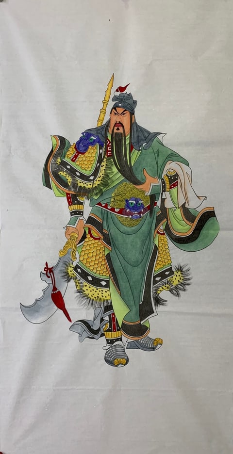 The Majestic Presence of the Martial Saint (Shi Jing) Gongbi Style Figure Painting 54.3" x 26.8"