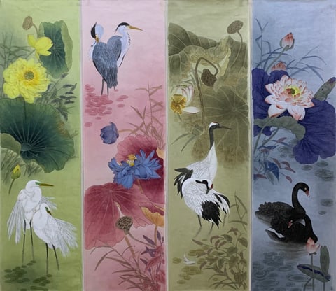 Four Seasons' Blessings in a Lotus Pond, Auspicious Birds Announce Prosperity (Bi Yuanxin) Gongbi Style Flower-and-Bird Painting 48.4" x 13.4" x 4P