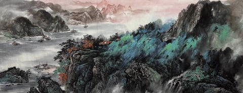Mountain's Heart, Cloud's Embrace (Yang Fanhang) Semi-Xieyi Style Shanshui Painting 70.9" x 27.6"(in)