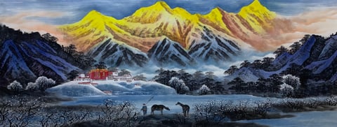 Golden Peaks, Sacred Abode, Winter's Embrace (Chen Zhiqiang) Semi-Xieyi Style Shanshui Painting 70.9" x 27.6"