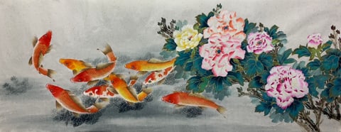 Leaping Carp and Blooming Peonies: A Symphony of Abundance (Song Weiping) Gongbi Style Animal Painting 70.9" x 27.6"