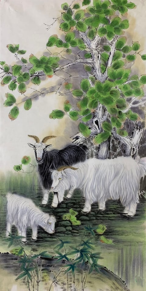 Auspicious Goats Beneath the Emerald Canopy (Song Weiping) Semi-Xieyi Style Animal Painting 26.8" x 17.7"