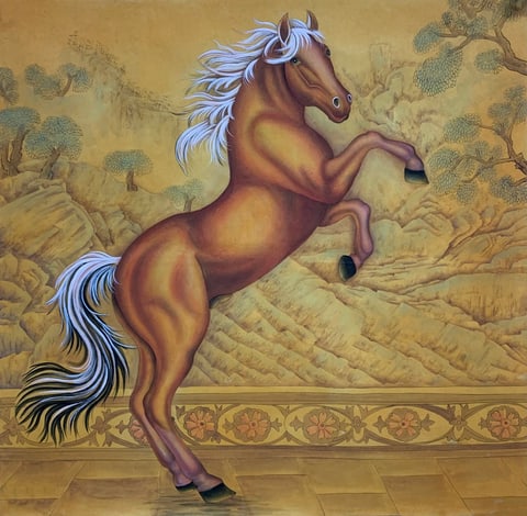 Celestial Gallop: The Golden-Maned Horse (Yang Yuqi) Gongbi Style Animal Painting 26.8" x 26.8"