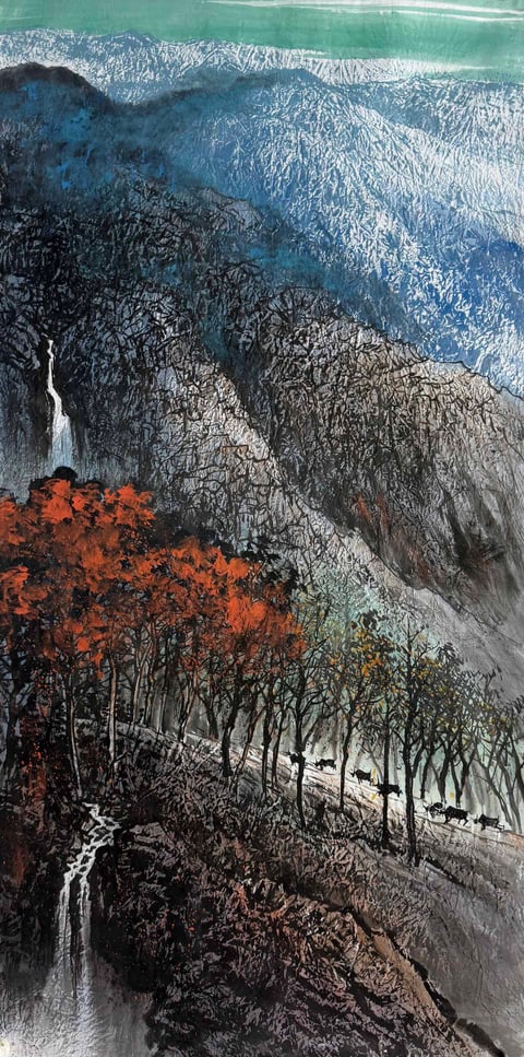 Herding Through Autumn Mists (Qin Yuanhang) Semi-Xieyi Style Shanshui Painting 54.3" x 26.8"(in)