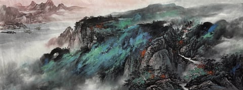 Mist-Laden Peaks (Zhao Suxing) Semi-Xieyi Style Shanshui Painting 70.9" x 27.6"(in)