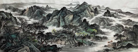 Whispers of Pines in Misty Peaks (Zhao Linjiang) Semi-Xieyi Style Shanshui Painting 70.9" x 27.6"(in)