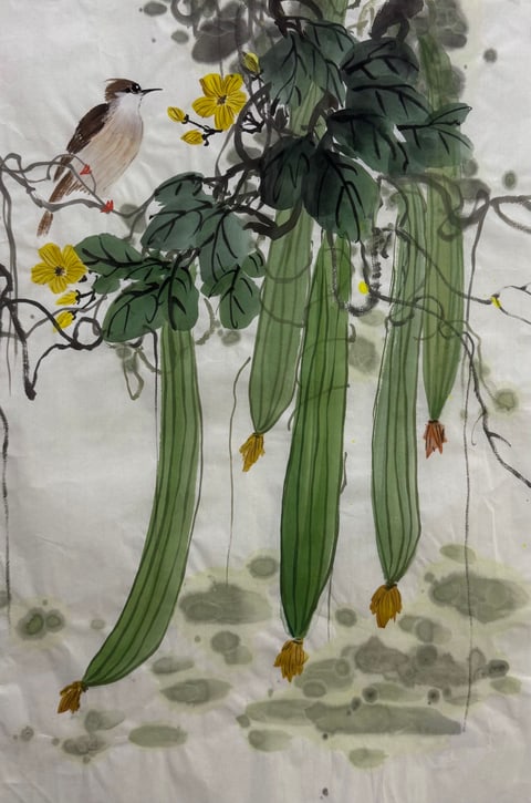 Bower of Verdant Melons (Wu Yantian) Semi-Xieyi Style Flower-and-Bird Painting 26.8" x 17.7"(in)