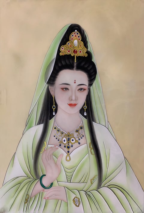 Emerald Veil of Immortal Grace: Radiance of Jadeite (Xiao Songquan) Gongbi Style Figure Painting 26.8" x 17.7"
