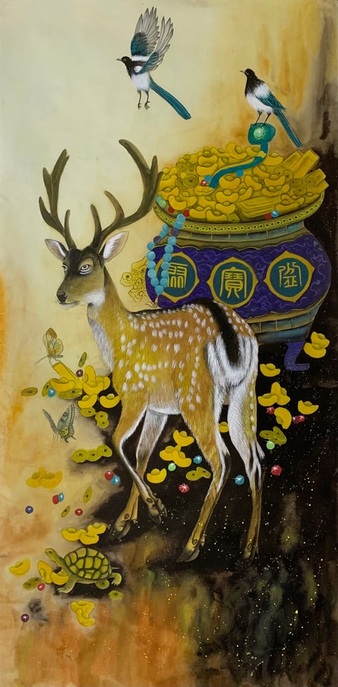 Auspicious Abundance: Deer of Prosperity and Twin Blessings (Hou Dong) Gongbi Style Animal Painting 54.3" x 26.8"