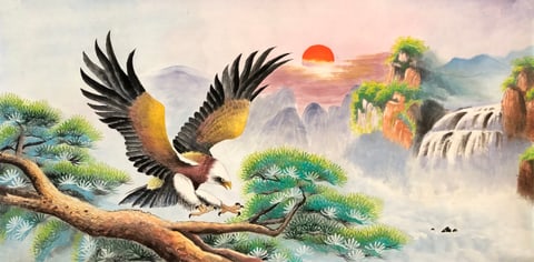Sunrise Ascent: Eagle Over Pine Peaks (Hou Dong) Semi-Xieyi Style Flower-and-Bird Painting 54.3" x 26.8"
