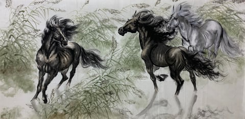 Ink Shadows Chasing Wind: Galloping Steeds in the Reed Marsh (Zhao Shuai) Semi-Xieyi Style Animal Painting 54.3" x 26.8"