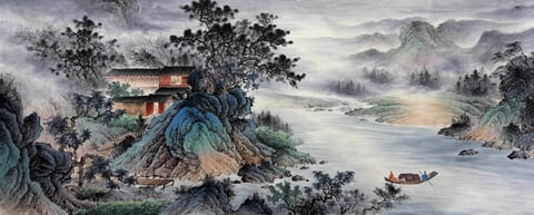 Pine-Clad Bluffs: Serenity in Misty Gorge (Chen Moxuan) Semi-Xieyi Style Shanshui Painting 93.7" x 32.7"(in)