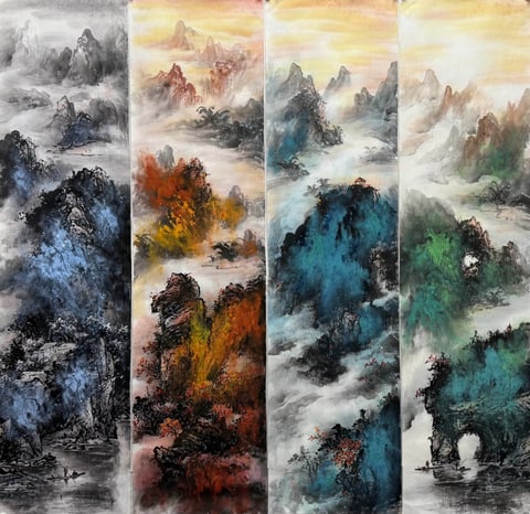 Whispers of the Four Realms (Chen Moran) Semi-Xieyi Style Shanshui Painting 54.3" x 13.8"(in)*4P