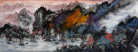 Ode to Mist-Cradled Peaks (Zhu Baolin) Semi-Xieyi Style Shanshui Painting 70.9" x 27.6"(in)