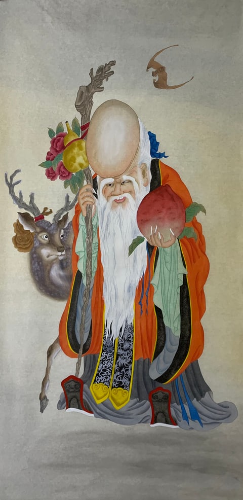 Immortal Peach and Auspicious Deer: The Star God of Longevity Bestows Blessings (Song Zhengping) Gongbi Style Figure Painting 54.3" x 26.8"