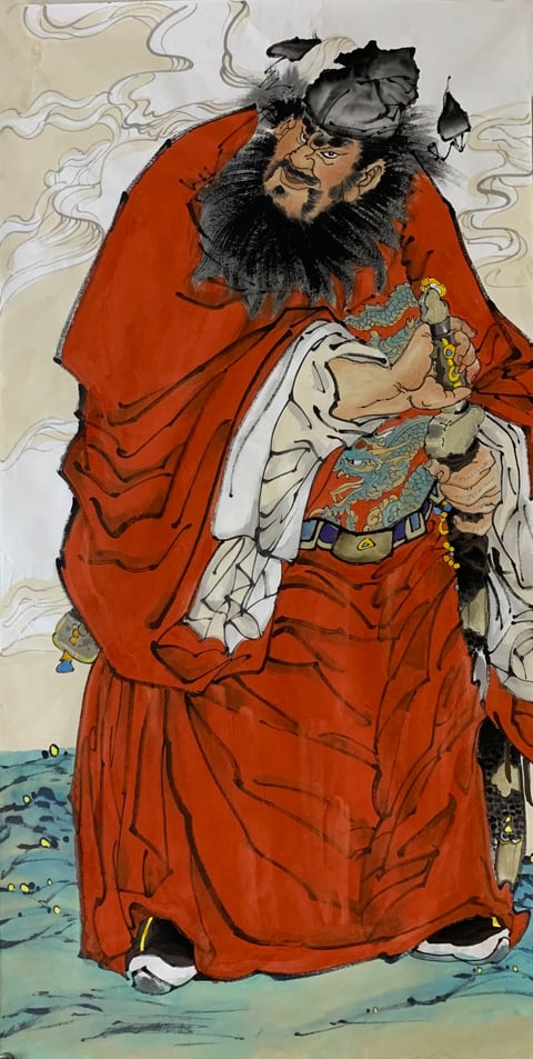 Crimson Guardian: Zhong Kui, the Valiant Demon Queller (Liu Xu) Gongbi Style Figure Painting 54.3" x 26.8"