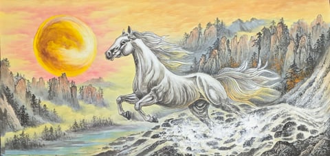 Galloping Spirit: White Horse Amidst Golden Peaks and Crashing Waves (Zhao Shuai) Semi-Xieyi Style Animal Painting 54.3" x 26.8"