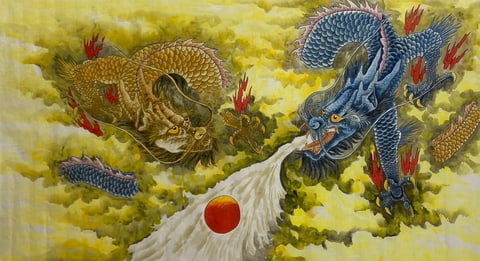 Twin Dragons Chasing the Flaming Pearl Amidst Golden Clouds (Xiong Yunshan) Semi-Xieyi Style Animal Painting 70.9" x 38.2"