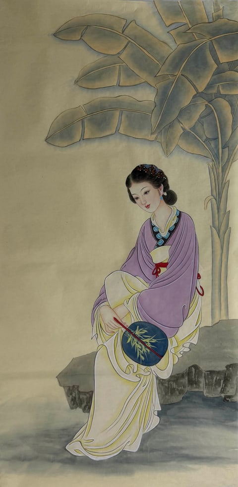 Silk Fan Beneath Banana Leaves (Tong yuan) Gongbi Style Figure Painting 54.3" x 26.8"(in)