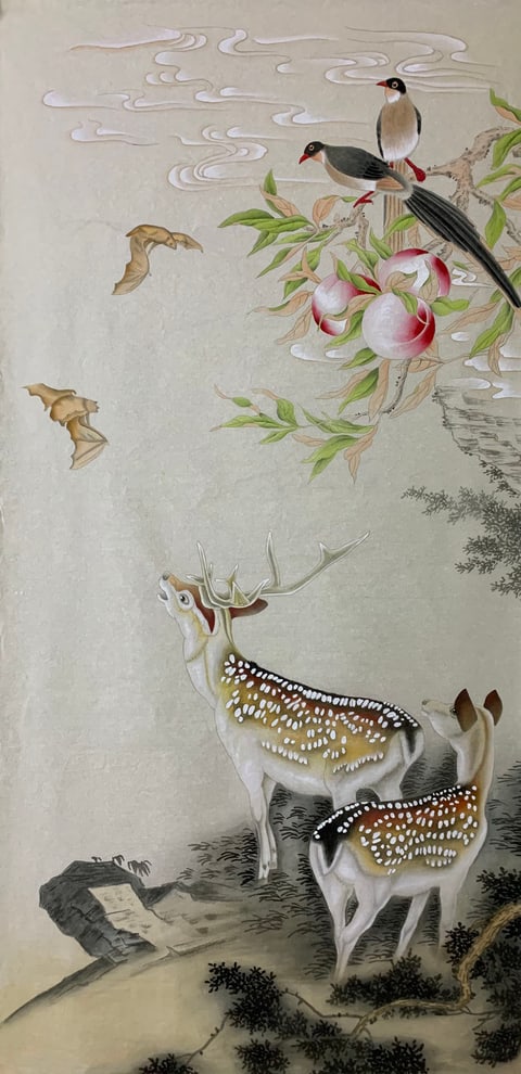 Auspicious Realm of Deer, Peaches, and Birds of Fortune (Hu Yixuan) Gongbi Style Animal Painting 54.3" x 26.8"