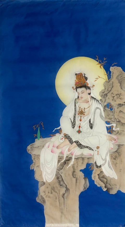 Lunar Serenity: White Robed Guanyin upon Lotus Throne (Xu Mengzhou) Gongbi Style Figure Painting 54.3" x 26.8"(in)