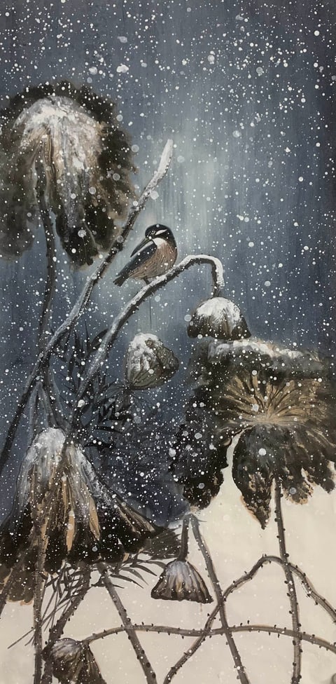 Winter Solitude: Kingfisher on Withered Lotus (Lin Moqing) Semi-Xieyi Style Flower-and-Bird Painting 26.8" x 26.8"