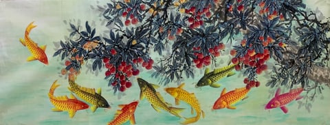Crimson Lychee, Golden Koi: A Song of Abundance (Song Weiping) Semi-Xieyi Style Animal Painting 70.9" x 27.6"