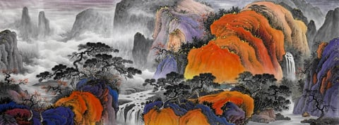 Vermilion Cascades' Embrace (Zhou Moyan) Semi-Xieyi Style Shanshui Painting 70.9" x 27.6"(in)