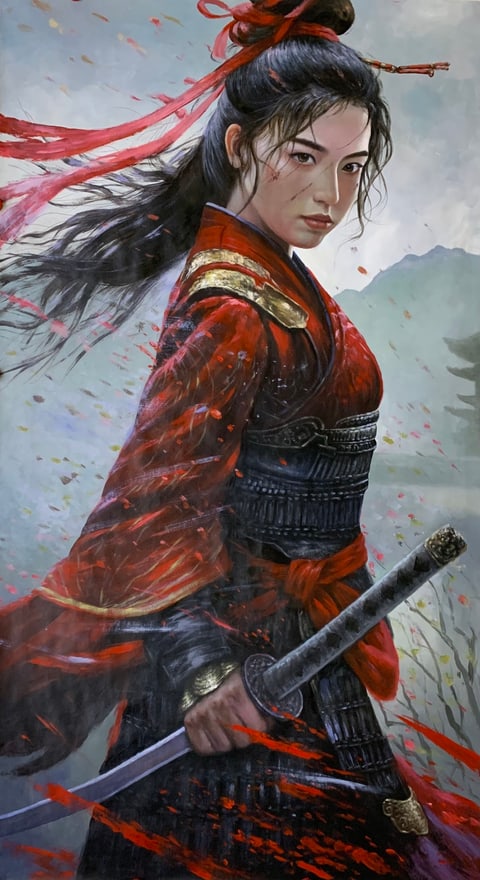 Mulan's Crimson Resolve: A Warrior's Spirit (Su Mei) Gongbi Style Figure Painting 70.9" x 38.2"