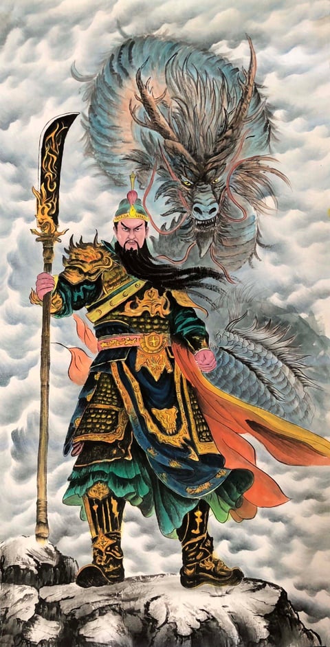 The Martial Saint Guan Yu and His Ascendant Dragon (Lu Haifeng) Gongbi Style Figure Painting 54.3" x 26.8"