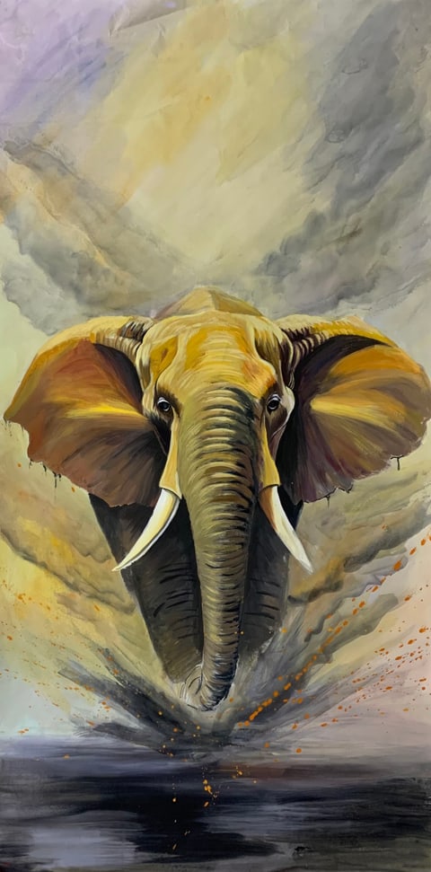 Golden Guardian of Prosperity, Majestic Presence (Shi Yuan) Semi-Xieyi Style Animal Painting 54.3" x 26.8"