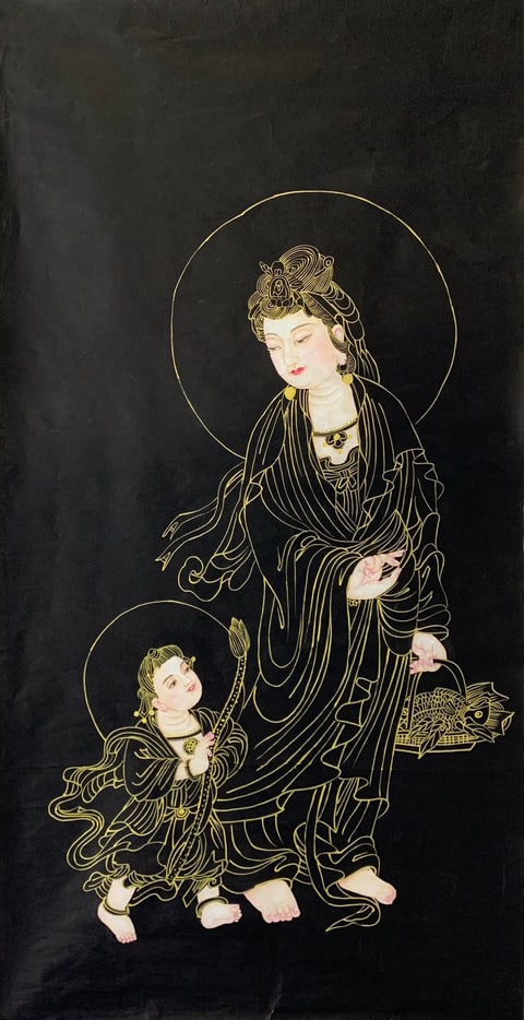 Golden Thread Guanyin and the Lotus Acolyte (Kong Xiangyi) Gongbi Style Figure Painting 54.3" x 26.8"