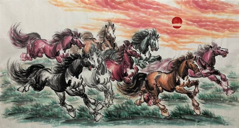 Eight Steeds Soaring Through Rosy Skies (Shi Yuan) Semi-Xieyi Style Animal Painting 70.9" x 38.2"