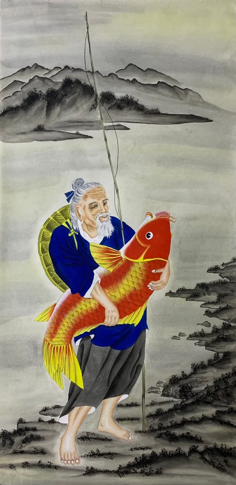 Auspicious Catch: The Joyful Fisherman's Return (Song Zhengping) Gongbi Style Figure Painting 54.3" x 26.8"