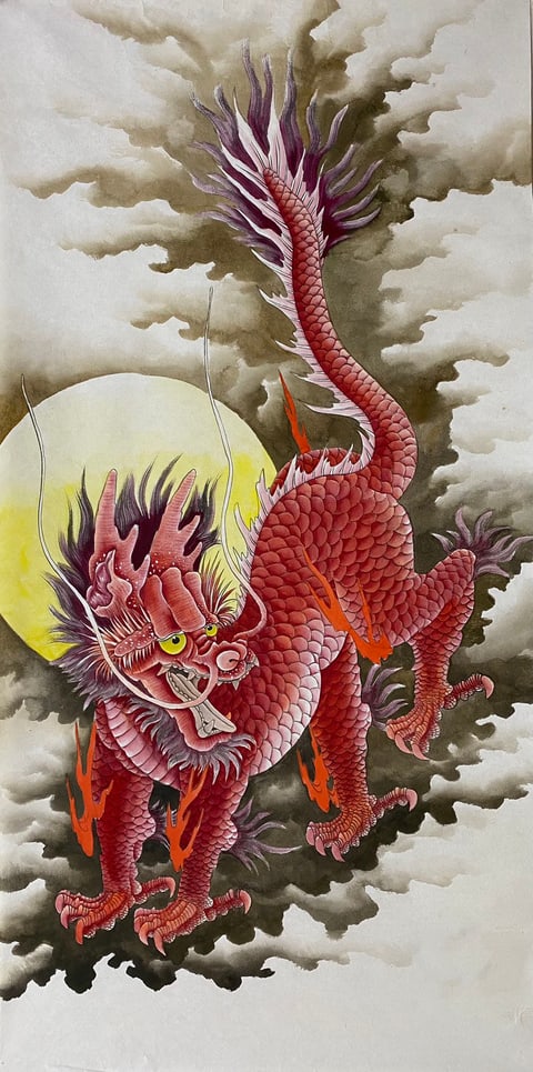 Scarlet Dragon Ascending Amidst Luminous Moonlight (Yi Jianbin) Gongbi Style Animal Painting 54.3" x 26.8"