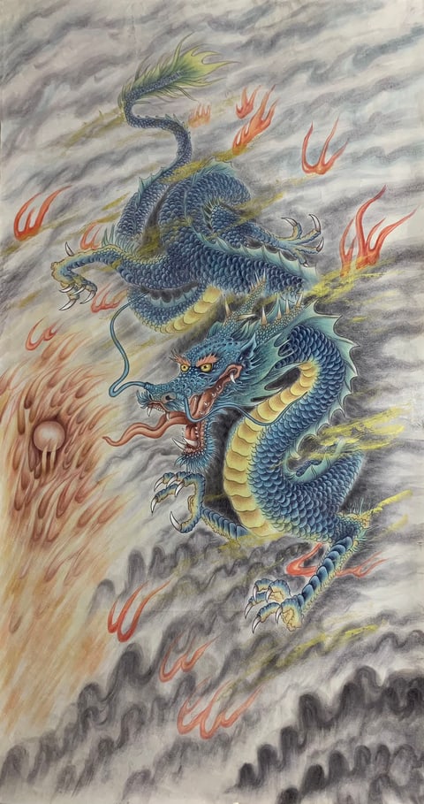 Azure Dragon Ascending: The Flaming Pearl (Yi Jianbin) Gongbi Style Animal Painting 54.3" x 26.8"