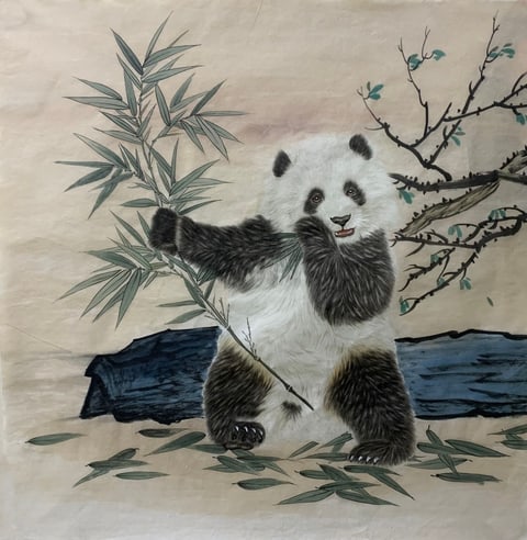 Panda's Verdant Feast (Yang Yuqi) Semi-Xieyi Style Animal Painting 26.8" x 26.8"