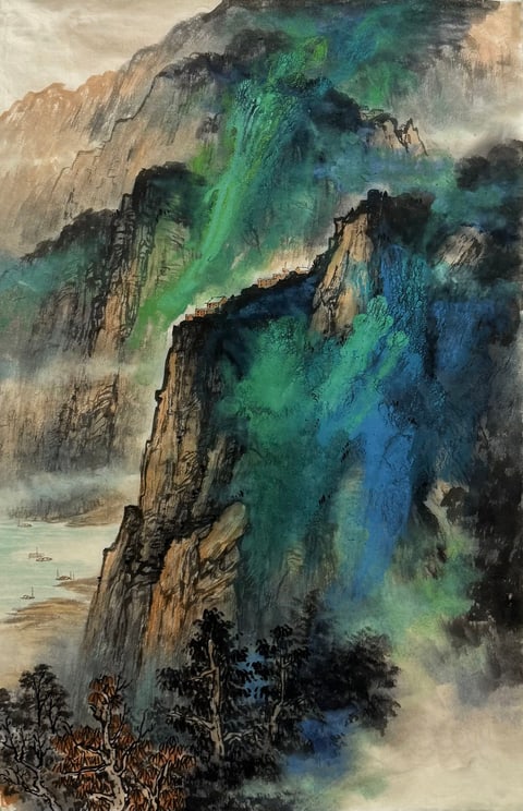 Emerald Ascent: Whispering Retreat (Zhang Sucheng) Semi-Xieyi Style Shanshui Painting 26.8" x 17.7"(in)